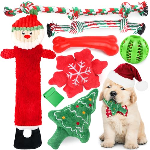 PUPTILY Weihnachts-Hundespielzeug, 8 Stück, quietschendes Plüsch-Kauspielzeug für Welpen, langlebiges interaktives Seilspielzeug zum Zahnen, Behandlung von Ball und Knochen, Gummispielzeug für kleine von PUPTILY