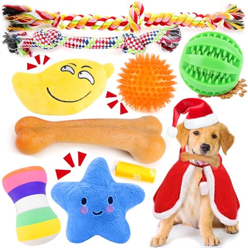 PUPTILY Weihnachts-Hundespielzeug, 8 Stück, quietschendes Plüsch-Kauspielzeug für Welpen, langlebiges interaktives Seilspielzeug zum Zahnen, Behandlung von Ball und Knochen, Gummispielzeug für kleine von PUPTILY