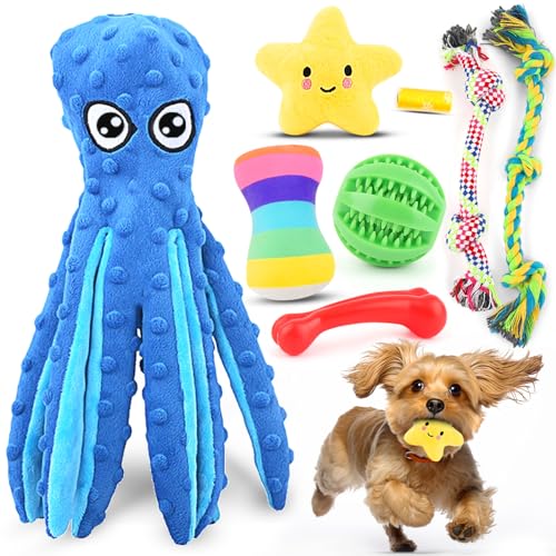 Welpenspielzeug für kleine Hunde, luxuriöses Kauspielzeug für Hunde mit quietschenden Plüschtieren, Seilspielzeug und Ball, Beißspielzeug für Welpen (blau), 8 Stück von PUPTILY