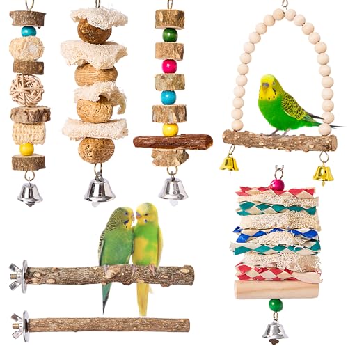 PUPUAMO Vogel-Sittich-Spielzeug, 7 Stück – Sitzstange für Papageienkäfig-Zubehör, Kauspielzeug aus natürlichem Holz für Wellensittiche, Sittiche, Nymphensittiche, Finken, Lovebirds, Sitzstangen für von PUPUAMO