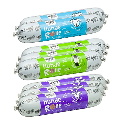 PURBELLO Hunde-Rolle Nassfutter Mix-Paket I - 3 x Pferd, 3 x Ziege, 2 x Lamm - Monoprotein Hundefutter mit hohem Fleischanteil - Hundewurst schnittfest und getreidefrei (8 x 400g) von PURBELLO