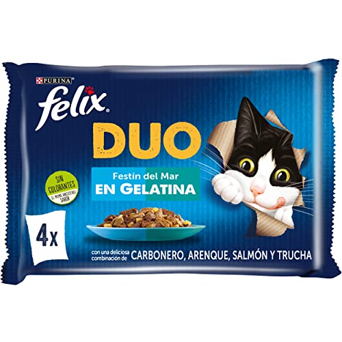 Felix Purina Fantastic Duo, Nassfutter für Katzen, Erwachsene, Fischsortiment, 12 Packungen mit 4 Beuteln, 85 g - 48 Stück von Felix