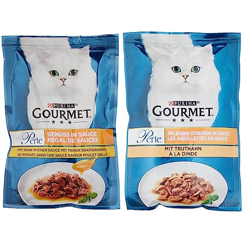 PURINA GOURMET Perle Genuss in Sauce Katzenfutter nass, mit Huhn, 26er Pack (26 x 85g) & Perle Erlesene Streifen Katzenfutter nass, mit Truthahn, 26er Pack (26 x 85g) von Purina