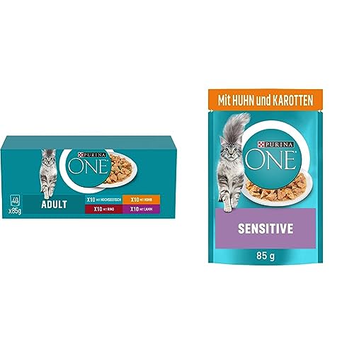 PURINA ONE Adult Katzenfutter nass, zarte Stückchen in Sauce, Sorten-Mix, 40er Pack (40 x 85g) & Sensitive Katzenfutter nass, zarte Stückchen in Sauce mit Huhn, 26er Pack (26 x 85g) von PURINA ONE