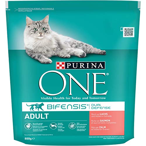 PURINA ONE BIFENSIS Adult Katzentrockenfutter: reich an Lachs, stärkt natürliche Abwehrkräfte, für gesunde Knochen, Haut, Zähne & Harnwege I ab 1 Jahr- 6 x 800g von PURINA ONE