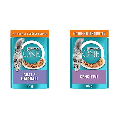 PURINA ONE Coat & Hairball Katzenfutter nass in Sauce, mit Huhn, 26er Pack (26 x 85g) & Sensitive Katzenfutter nass, zarte Stückchen in Sauce mit Huhn, 26er Pack (26 x 85g) von PURINA ONE