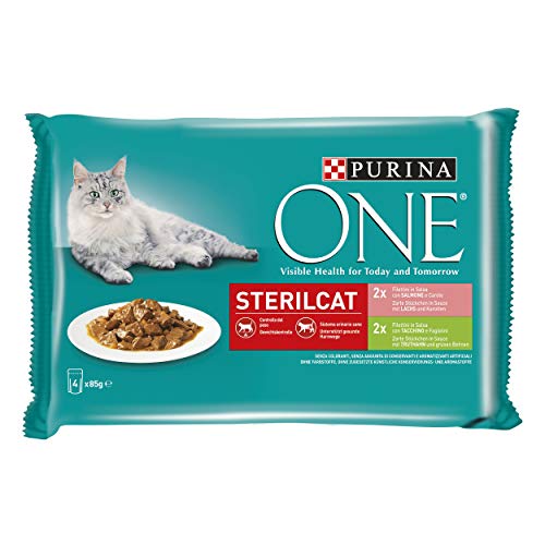 PURINA ONE Feuchte Katze Sterilcat Filellini in Sauce mit Lachs und Karotten, mit Truthahn und grünen Bohnen - 4 x 85 g von PURINA ONE