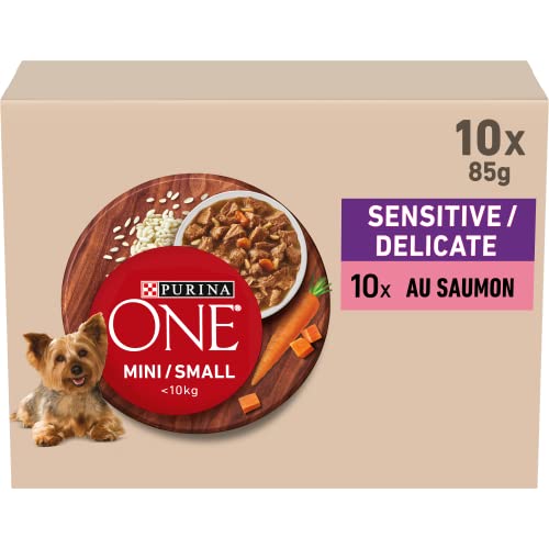 PURINA ONE Mini/Small <10 kg Sensitive/Delicate, mit Lachs, Reis und Karotten in Sauce für kleine erwachsene Hunde | empfindliche Verdauung, 10 x 85 g von PURINA ONE