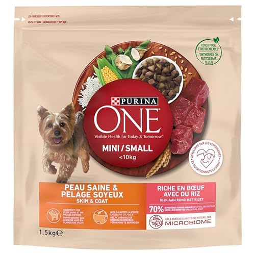 PURINA ONE Mini/Small <10 kg | Trockenfutter für kleine und ausgewachsene Hunde, gesunde Haut & seidiges Fell, reich an Rindfleisch mit Reis, 1,5 kg von PURINA ONE