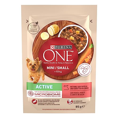 PURINA ONE Mini/Small Active Hundefutter nass für kleine Hunde, reich an Rind & Gemüse, 26er Pack (26 x 85g) von PURINA ONE