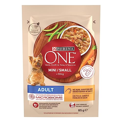 PURINA ONE Mini/Small Adult Hundefutter nass für kleine Hunde, reich an Huhn & Gemüse, 26er Pack (26 x 85g) von PURINA ONE