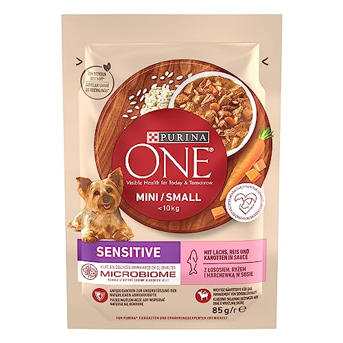 PURINA ONE Mini/Small Sensitive Hundefutter nass für kleine Hunde, reich an Lachs & Reis, 26er Pack (26 x 85g) von PURINA ONE