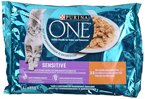 PURINA ONE SENSITIVE Katzenfutter Nass, zarte Stückchen in Sauce mit Huhn, 4er Pack (4 x 85g) von PURINA ONE