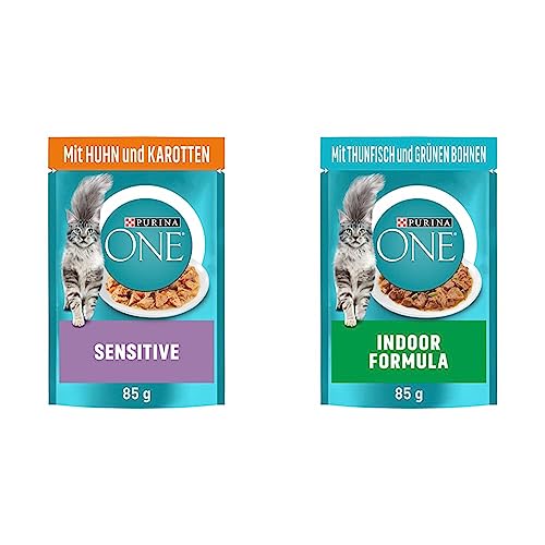 PURINA ONE Sensitive Katzenfutter nass, zarte Stückchen in Sauce mit Huhn, 26er Pack & Indoor Formula Katzenfutter nass, zarte Stückchen in Sauce für Hauskatzen, mit Thunfisch, 26er Pack von PURINA ONE