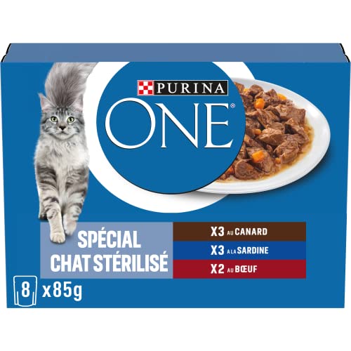 PURINA ONE Sterilisierte Katze in Sauce, Verschiedene Aromen, Sardinen, Ente und Rindfleisch | Mahlzeitenbeutel für ausgewachsene Katzen, 85 g, 8 Stück von PURINA ONE