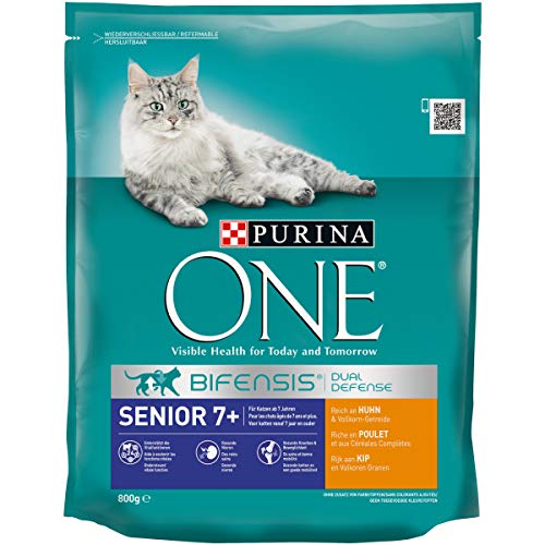 Purina ONE BIFENSIS Senior 7+ Katzentrockenfutter: reich an Huhn & Vollkorn-Getreide, unterstützt Vitalfunktionen I ab 7 Jahre I 6er Pack (6 x 800 g) von PURINA ONE