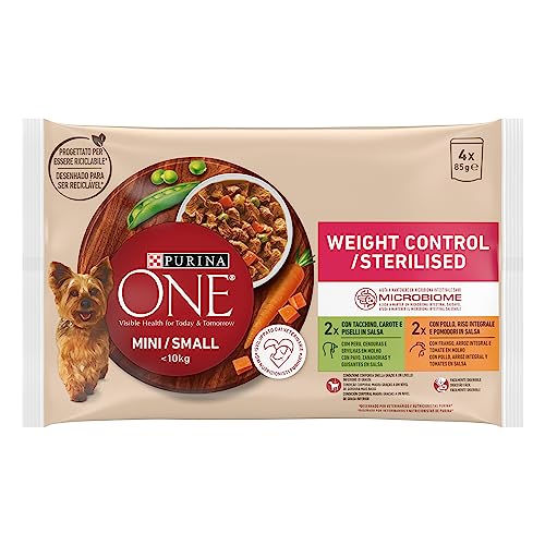 Purina ONE Mini < 10 kg Nassfutter für kleine Hunde, Gewichtskontrolle mit Truthahn und Schwein, 12 Packungen mit 4 Beuteln à 85 g, 48 Beutel von PURINA ONE