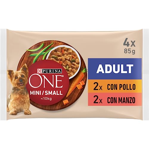 Purina ONE Mini <10 kg Nassfutter für kleine Hunde mit Huhn und Ochse, 12 Packungen mit 4 Beutel à 85 g – 48 Beutel von PURINA ONE