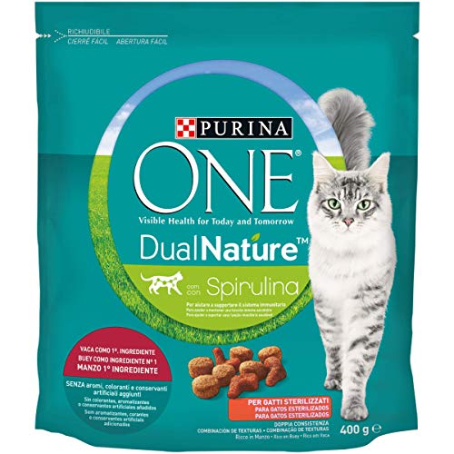 Purina One Dualnature Kroketten für Katzen, sterilisiert, reich an Rindfleisch und mit natürlicher Spirulina, 400 g von PURINA ONE