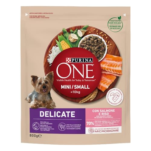 Purina One Mini weniger als 10 kg Delicate Trockenfutter für kleine Hunde mit Lachs und Reis, 8 Packungen à 800 g von PURINA ONE