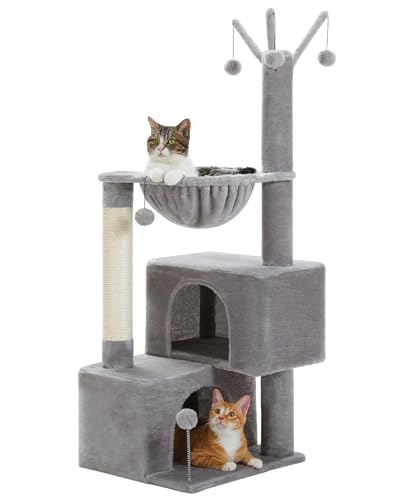 PURRPURCAT Katzenturm mit Kratzstämmen, 2 Katzenhütten, Katzenbaum mit Hängematte, Abnehmbare Pompon Sticks für Kleine und Mittlere Katzen von PURRPURCAT