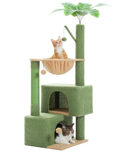 PURRPURCAT Kratzbaum mit 2 Katzenhöhlen, Hängematte und abnehmbaren Pompom-Stäbchen, Katzenturm mit Kratzbäumen für kleine und mittelgroße Katzen, Grün von PURRPURCAT