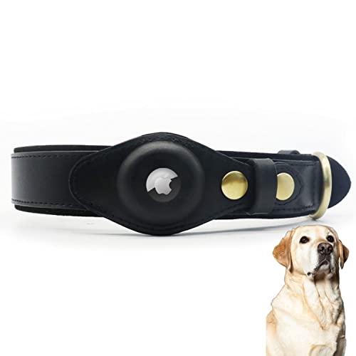 PUSHY.D AirTag Halsband für Hunde und Katzen Hochwertiges Rindsleder Dauerhafter Intelligenter Verstellbarer Anti Verlust Leder Airtag SchutzHundehalsband für Kleine Mittlere Große Hunde(Schwarz,S) von PUSHY.D