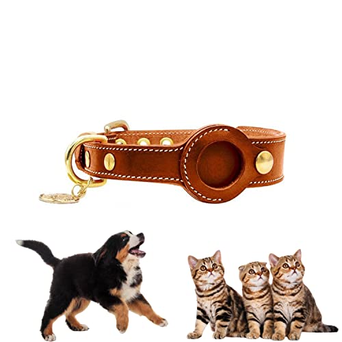 PUSHY.D AirTag Halsband für Hunde und Katzen in Rot Hochwertiges Rindsleder Doppelseitiges Leder Strapazierfähiges Verstellbar airtag Tracker für Kleine Mittlere Große Hunde(Braun,L) von PUSHY.D