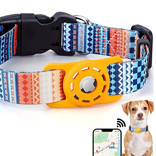 PUSHY.D AirTag Katzen Hundehalsband Böhmischer Weicher Gummi Airtag Schutzhülle Polyester Hundehalsband Verstellbares Halsband für Große Mittlere und Kleine Hunde und Katzen(Orange,M) von PUSHY.D