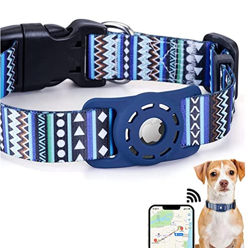 PUSHY.D AirTag Katzen Hundehalsband Böhmischer Weicher Gummi Airtag Schutzhülle Polyester Hundehalsband Verstellbares Halsband für Große Mittlere und Kleine Hunde und Katzen(blau,L) von PUSHY.D