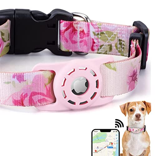 PUSHY.D AirTag Katzen Hundehalsband Böhmischer Weicher Gummi Airtag Schutzhülle Polyester Hundehalsband Verstellbares Halsband für Große Mittlere und Kleine Hunde und Katzen(rosa,M) von PUSHY.D