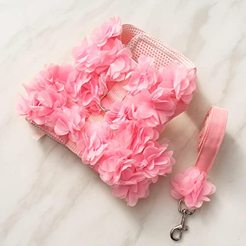 Hundeleine Atmungsaktiv Stereo Pink Flower Harness Haustier Katze Hundeleine Set Welpen Weste Harness Leinen für Chihuahua Yorkshire Terrier von PUYYDS