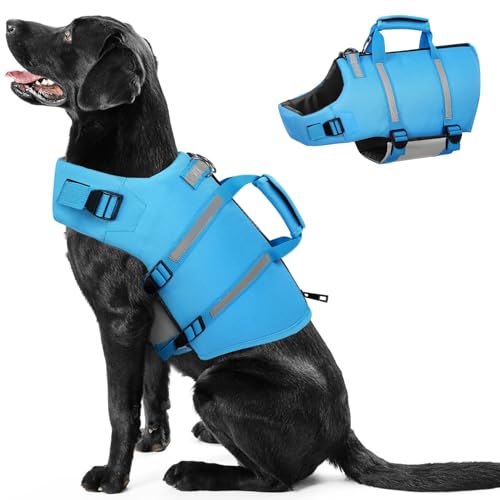 PUZAUKAL Schwimmweste Hunde Ripstop Hundeschwimmweste Dog Life Jacket mit Rettungsgriff und Reflektierenden Streifen Verstellbaren Hunde Rettungsweste für Kleine Mittel Große Hunde,Blau-2XL von PUZAUKAL