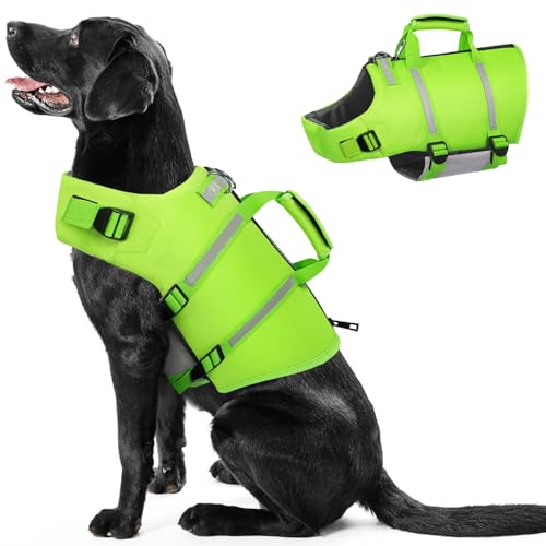 PUZAUKAL Schwimmweste Hunde Ripstop Hundeschwimmweste Dog Life Jacket mit Rettungsgriff und Reflektierenden Streifen Verstellbaren Hunde Rettungsweste für Kleine Mittel Große Hunde,Grün-2XL von PUZAUKAL