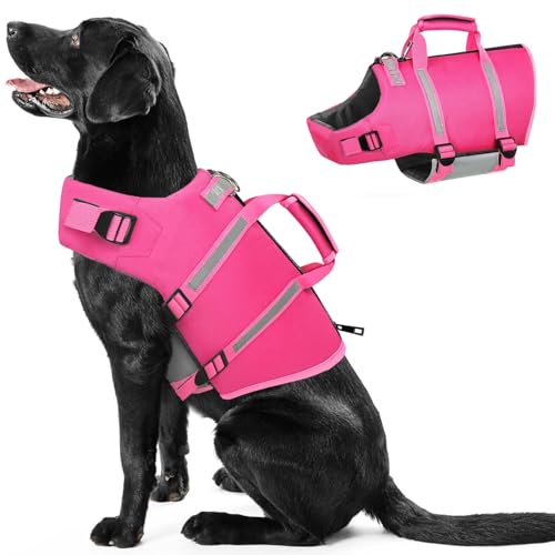 PUZAUKAL Schwimmweste Hunde Ripstop Hundeschwimmweste Dog Life Jacket mit Rettungsgriff und Reflektierenden Streifen Verstellbaren Hunde Rettungsweste für Kleine Mittel Große Hunde,Rosa-2XL von PUZAUKAL