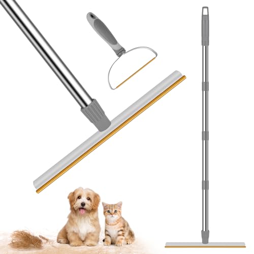 PWEZON 2 IN 1 Haustierhaarentferner-Set für Teppich, 1.5m Verstellbarer Langer Griff Teppichrechen für Hunde- und Katzenhaarentfernung, wiederverwendbarer Fell- und Fusselentferner, Metallranddesign von PWEZON