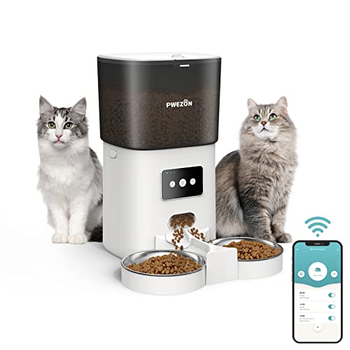 PWEZON Intelligenter WiFi Doppel-Futterautomat für Zwei Katzen, automatischer Katzen Futterautomat mit 2 Edelstahlnäpfen, 6L Trockenfutterspender mit App-Steuerung und Timer für Katze und Hund von PWEZON