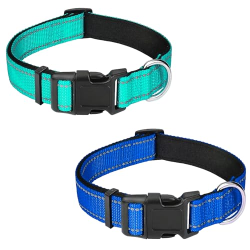 PWOD Reflektierendes Hundehalsband, verstellbar, weiches Neopren, gepolstert, Nylon, Haustierhalsbänder mit Schnalle für Welpen und kleine Hunde, Katzen, Blaugrün/Marineblau, Größe XS, 2 Stück von PWOD