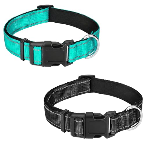 PWOD Reflektierendes Hundehalsband, verstellbar, weiches Neopren, gepolstert, Nylon, Haustierhalsbänder mit Schnalle für Welpen und kleine Hunde, Katzen, Blaugrün/Schwarz, Größe XS, 2 Stück von PWOD