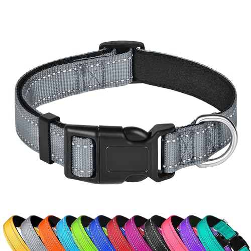 PWOD Reflektierendes Hundehalsband, verstellbar, weiches Neopren, gepolstert, Nylon, Haustierhalsbänder mit Schnalle für Welpen und kleine Hunde, Katzen, Grau, XS von PWOD