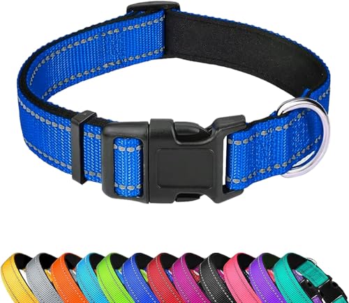 PWOD Reflektierendes Hundehalsband, verstellbar, weiches Neopren, gepolstert, Nylon, Haustierhalsbänder mit Schnalle für Welpen und kleine Hunde, Katzen, Marineblau, XS von PWOD