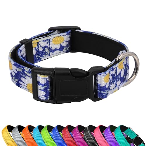 PWOD Reflektierendes Hundehalsband, verstellbar, weiches Neopren, gepolstert, Nylon, Haustierhalsbänder mit Schnalle für Welpen und kleine Hunde, Katzen, kleine Gänseblümchen, Blau, L von PWOD