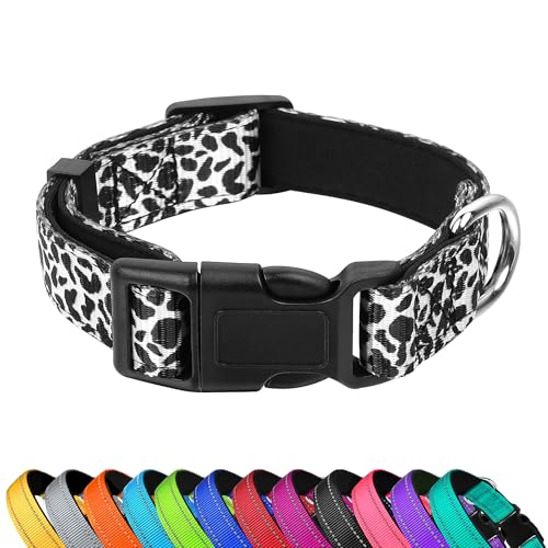 PWOD Reflektierendes Hundehalsband, verstellbar, weiches Neopren, gepolstert, Nylon, Haustierhalsbänder mit Schnalle für Welpen und kleine Hunde, Katzen, schwarz-weiße Kuh, Größe XL von PWOD