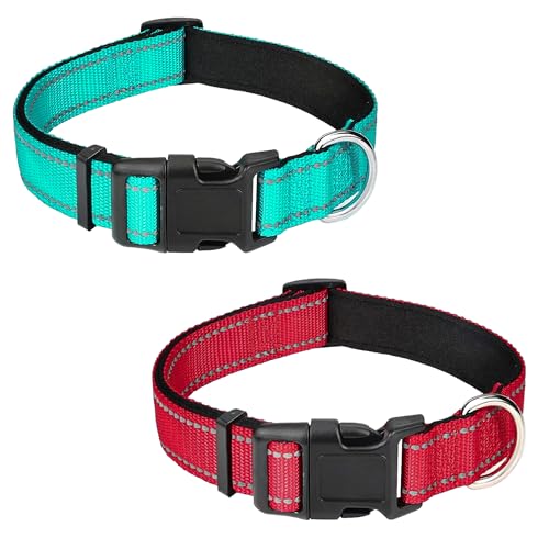 PWOD Reflektierendes Hundehalsband, verstellbar, weiches Neopren, gepolstert, Nylon, mit Schnalle, für Welpen und kleine Hunde, Katzen, Blaugrün/Rot, Größe XS, 2 Stück von PWOD