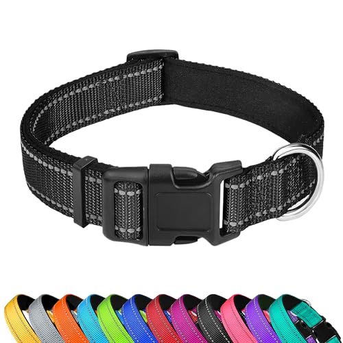 PWOD Reflektierendes Hundehalsband, verstellbar, weiches Neopren, gepolstertes Nylon, Haustierhalsbänder mit Schnalle, für Welpen und kleine Hunde, Katzen, Schwarz, XS von PWOD