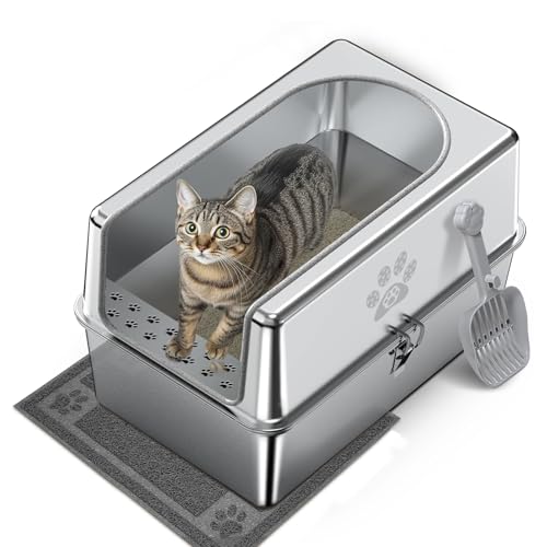 PWTAA Geschlossene Katzentoilette aus Edelstahl mit Deckel, Metall-Katzentoilette für große Katzen, extra große Katzentoilette mit hoher Seite, antihaftbeschichtet, auslaufsicher, geruchlos, mit von PWTAA