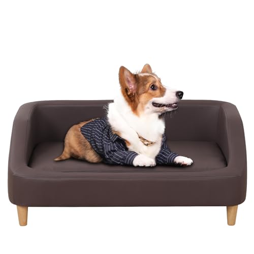 Mittelgroße Hundesofa/Hundebetten mit hochwertigem Tech-Stoff/Hundesofas und Stühlen/Holzrahmen, Haustiercouch/Haustiersofa mit massivem Holzbein für 30 kg Hundeablage (braun) von PWTJ