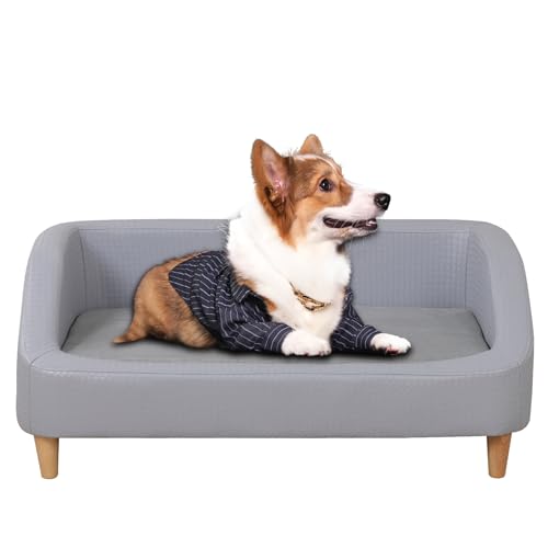 Mittelgroße Hundesofa/Hundebetten mit verschleißfestem PU-Gewebe/Hundesofas und Stühlen/Holzrahmen, Haustiercouch/Haustiersofa mit massivem Holzbein für 30 kg Hundeablage (grau) von PWTJ