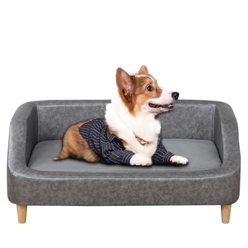 Mittelgroße Hundesofa/Hundebetten mit verschleißfestem PU-Gewebe/stabile Hundesofas und Stühle/Holzrahmen-Haustiercouch/Haustiersofa mit massivem Holzbein für 30 kg Hundeablage (Silber) von PWTJ