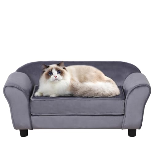 PWTJ Hundesofas und Stühle für kleine Rassen / Katzensofa mit Samtstoff/Holzrahmen, Haustier-Sofa für Katze/Hund, Couch mit waschbarem Kissen für kleine Hunde (grau) von PWTJ